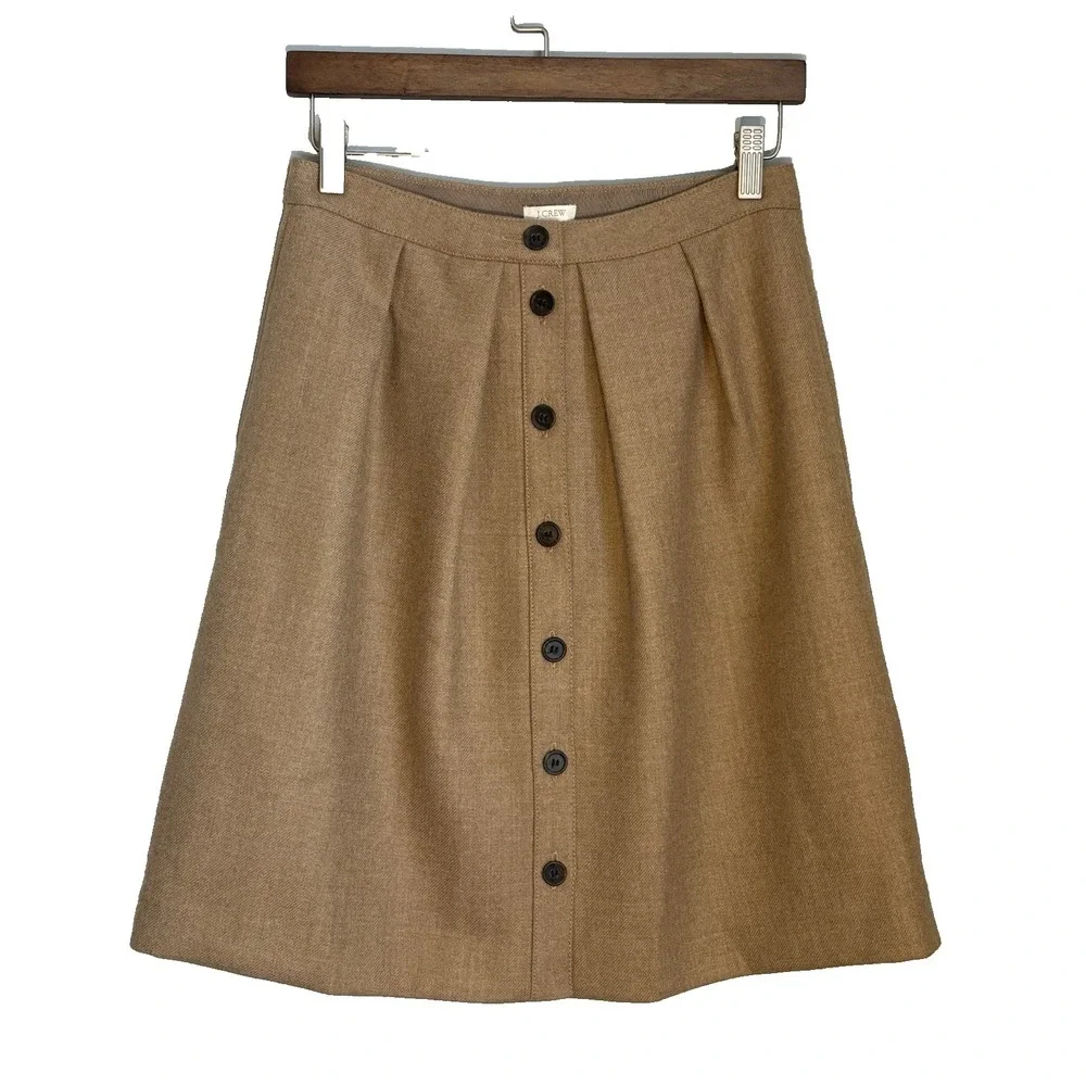 J Crew Skirt Womens 4 Wool Camel A-Line Button Front Pleated Preppy Classic NWOT